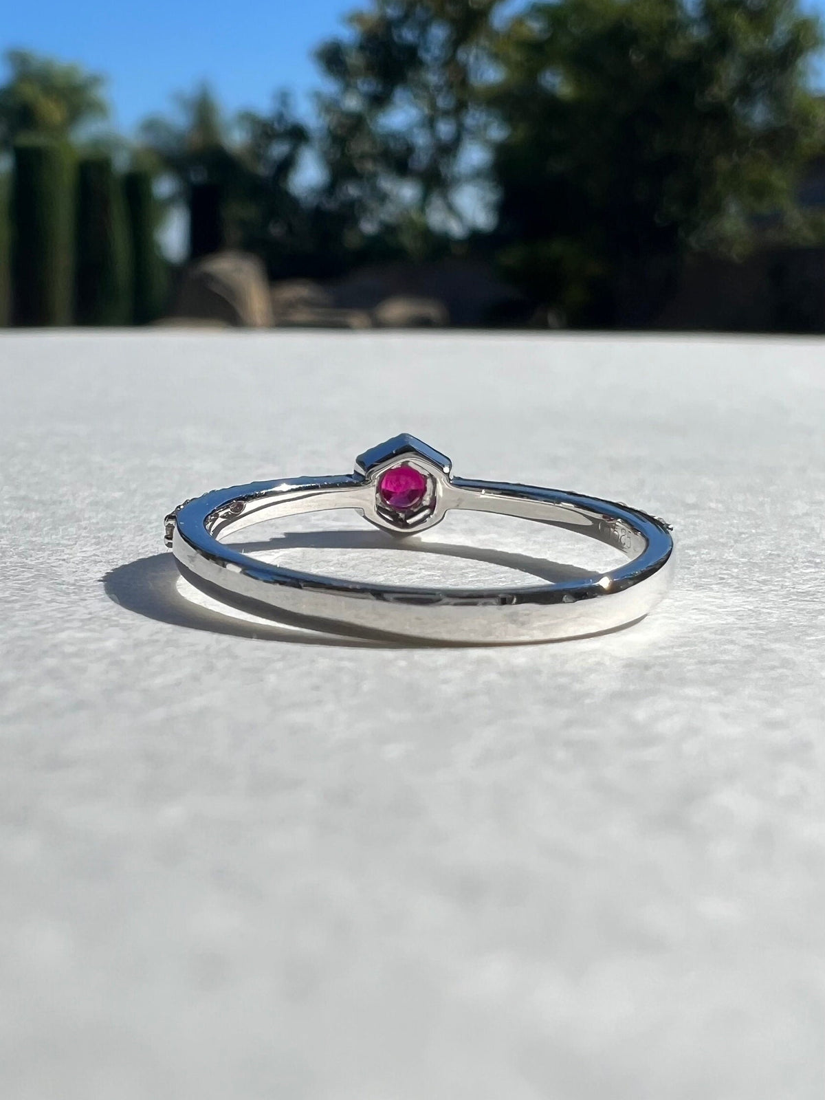 14k Solid White Gold Ruby Diamond Halo Ring, July Birthstone Gift