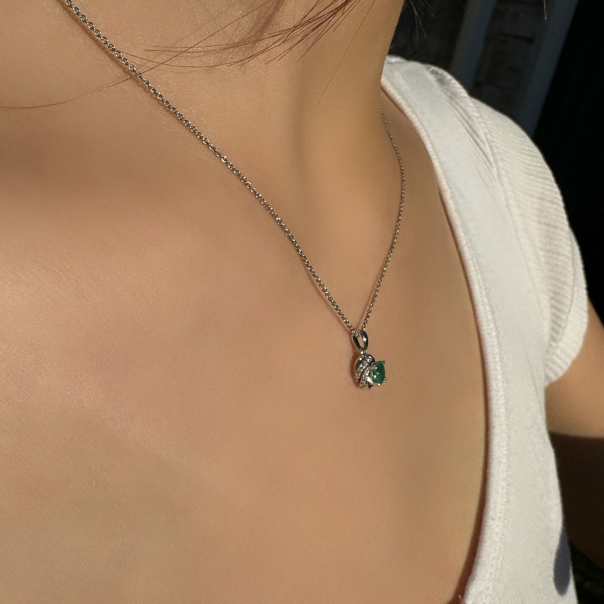 Genuine Oval Emerald and Diamond Pendant in 14k Solid White Gold