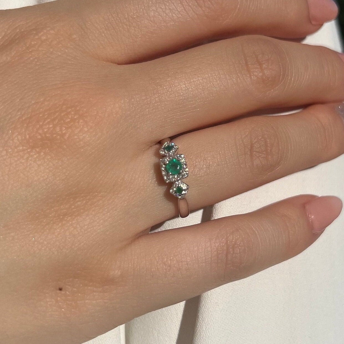 Genuine Emerald and Diamond Ring in 14k Solid White Gold