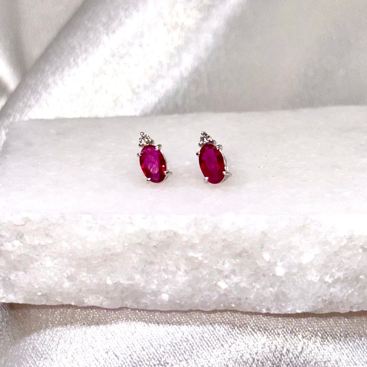 Genuine Ruby and Diamond Oval Studs / 14k Solid White Gold