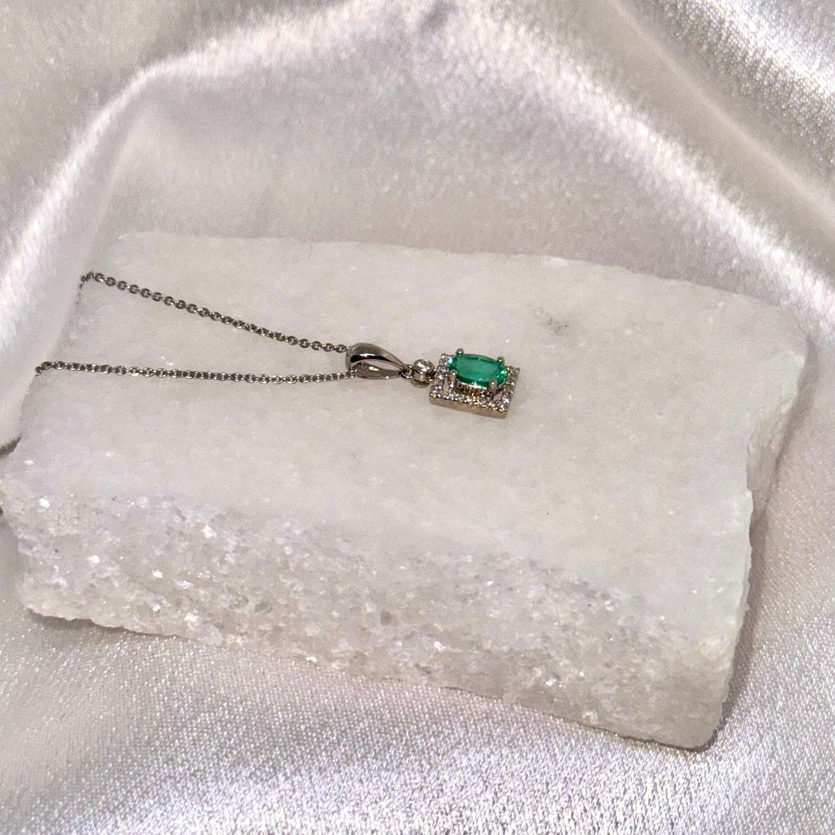 Genuine Oval Cut Emerald and Diamond Prism Pendant / 14k Solid Gold