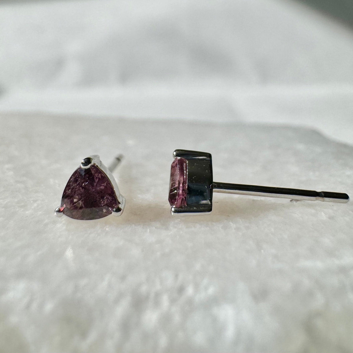 Genuine Pink Sapphire Trillion Cut Stud Earrings, 14k Solid Gold, September Birthstone Gift