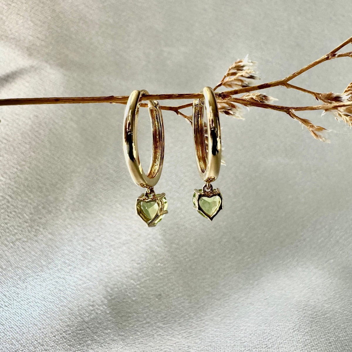 Genuine Peridot Heart Dangle Hoop Earrings, 14k Solid Gold, August Birthstone, Gift for Her
