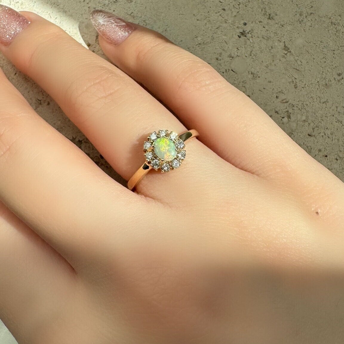 Oval Opal Diamond Halo Ring, 14k Solid Yellow Gold, October Birthstone, Opal Engagement Ring