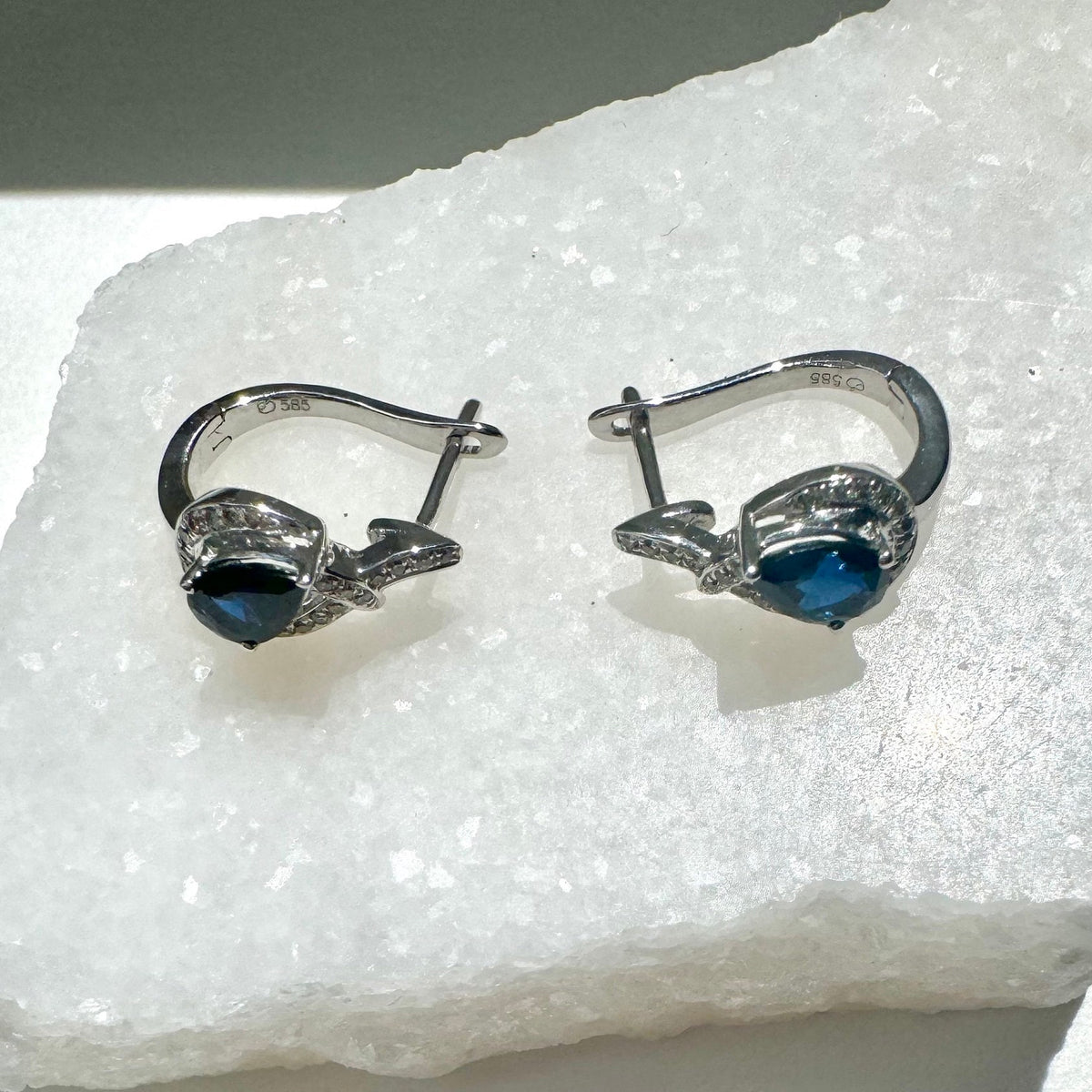 14k Solid White Gold Teardrop Hoop Earrings, Sapphire & Diamond, September Birthstone Gift