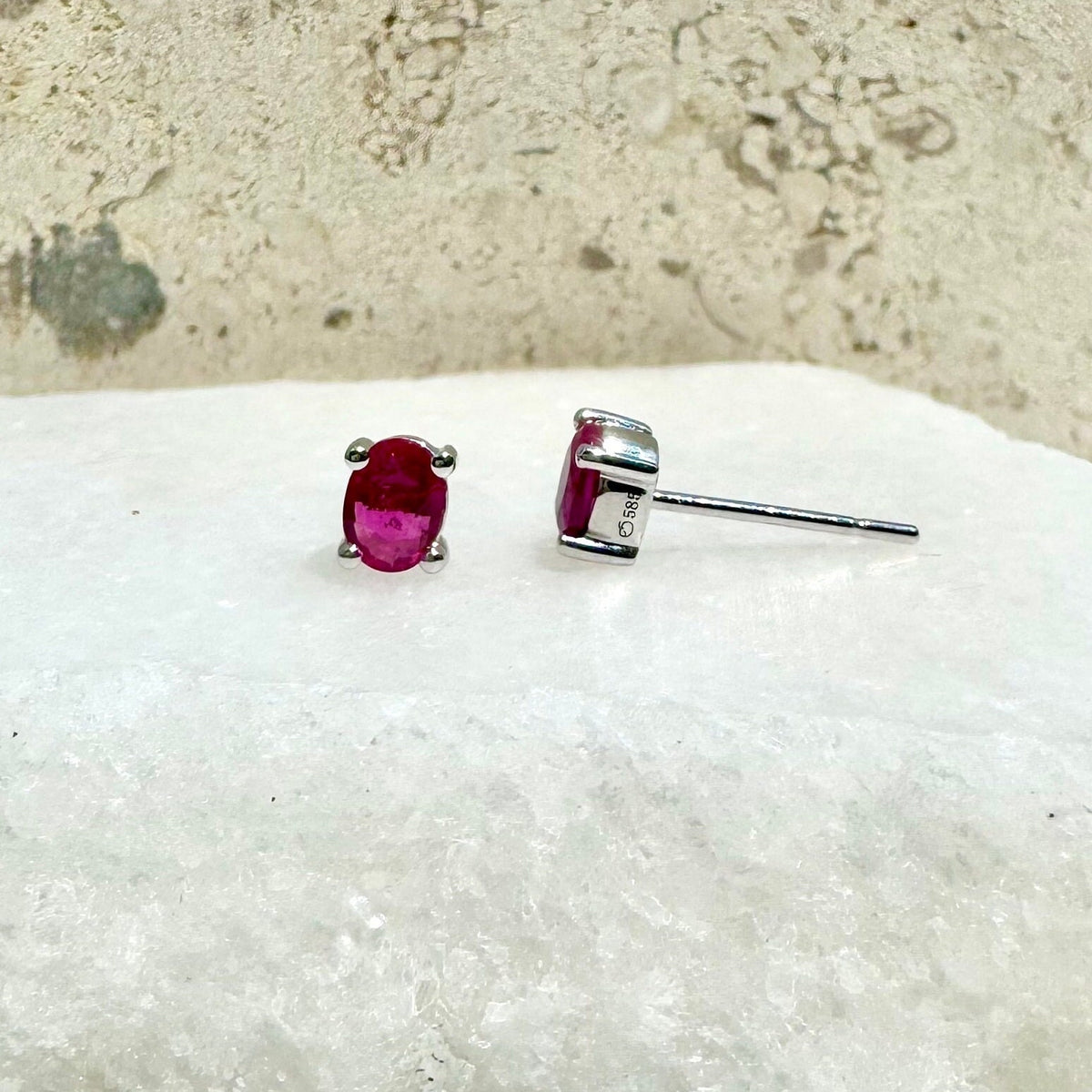 Genuine Ruby Oval Cut Solitaire Stud Earrings, 14k Solid White Gold, July Birthstone, Gift for Her