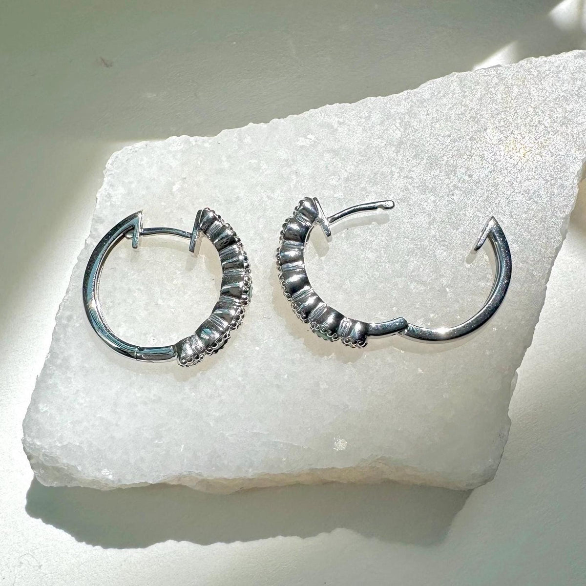 Genuine Emerald and Diamond Medium Hoop Earrings in 14k Solid Gold