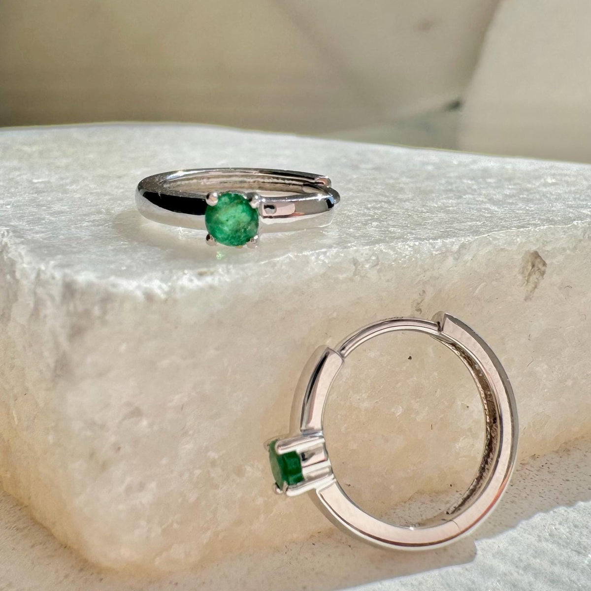 Genuine Dainty Emerald Round Cut Huggie Hoop Earrings, 14k Solid Gold, May Birthstone Gift