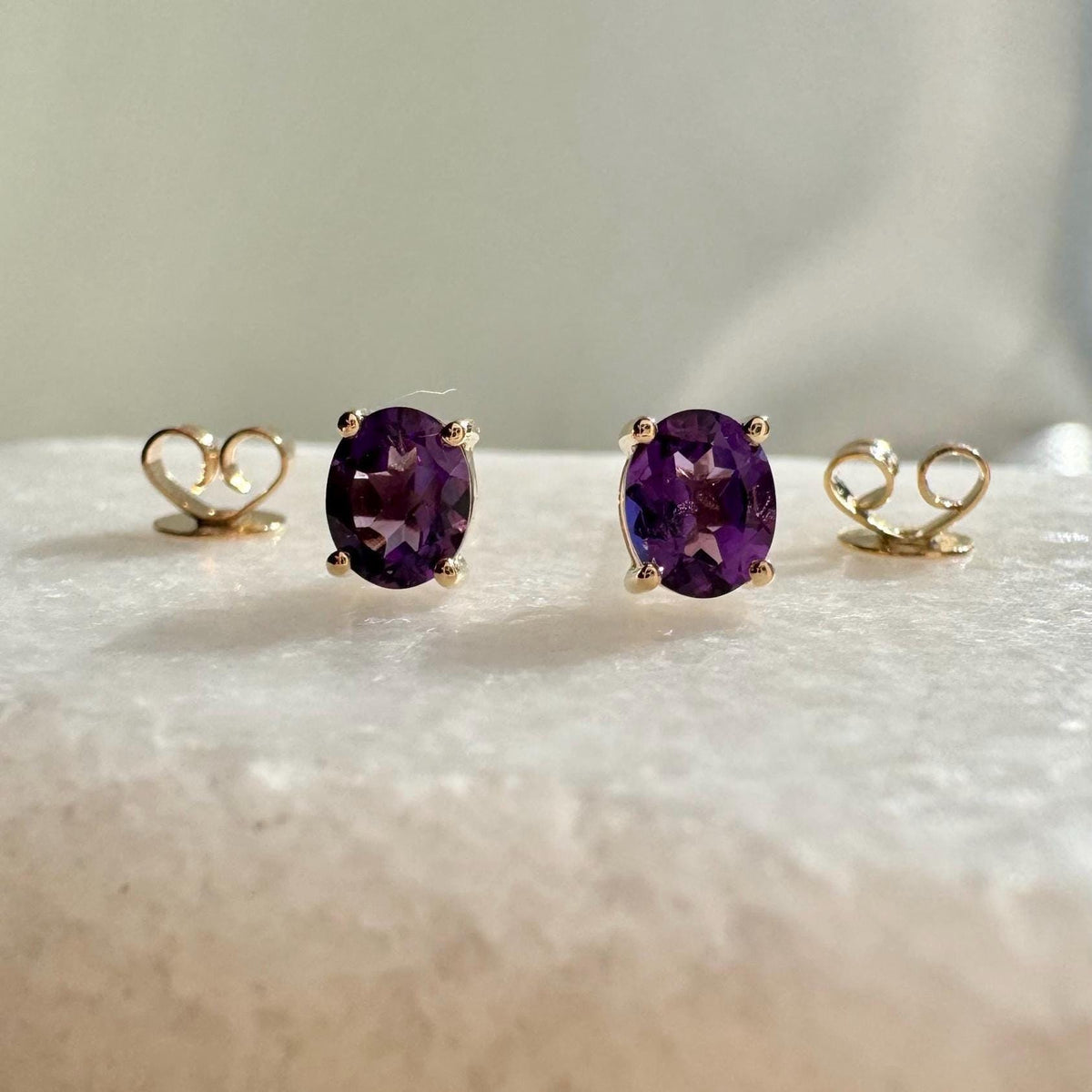 Genuine Amethyst Oval Cut Solitaire Stud Earrings, 14k Solid Gold, February Birthstone, Gift for Her