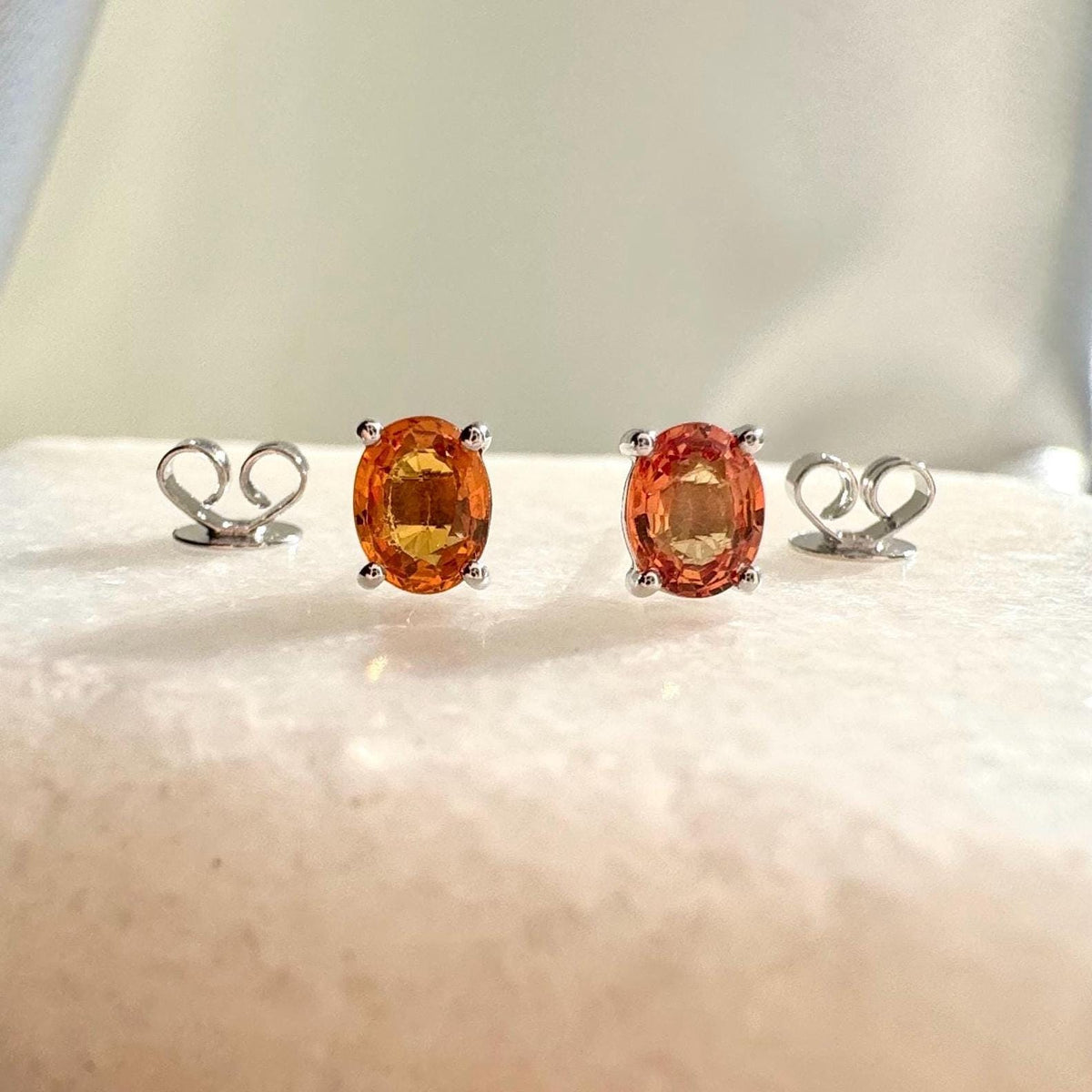 Genuine Orange Sapphire Oval Cut Solitaire Stud Earrings, 14k or 18k Solid Gold, September Birthstone