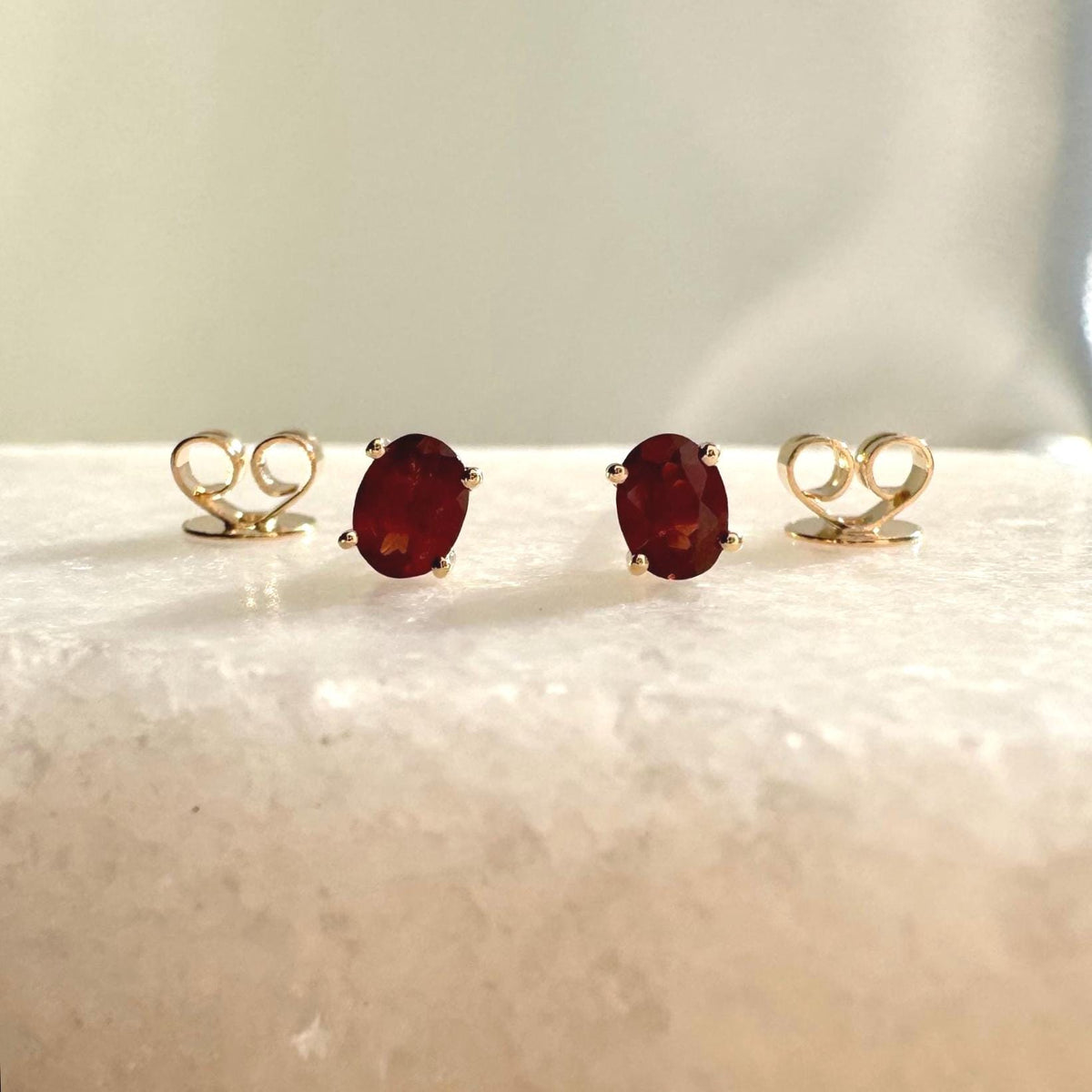 Genuine Garnet Oval Cut Mini Stud Earrings, 14k Solid Gold, January Birthstone Gift