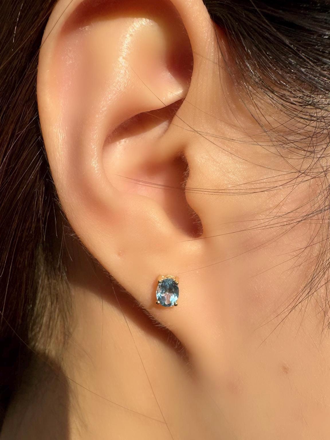Genuine Blue Topaz Oval Cut Solitaire Stud Earrings / 14k Solid Gold