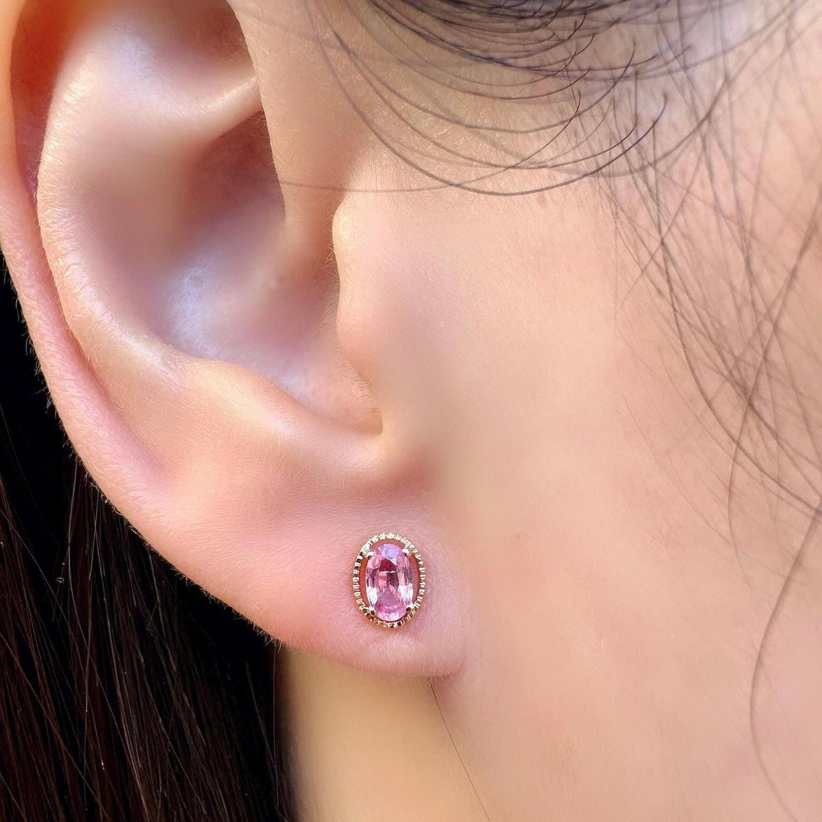 Genuine Pink Sapphire Oval Stud Earrings in 18k Solid Gold
