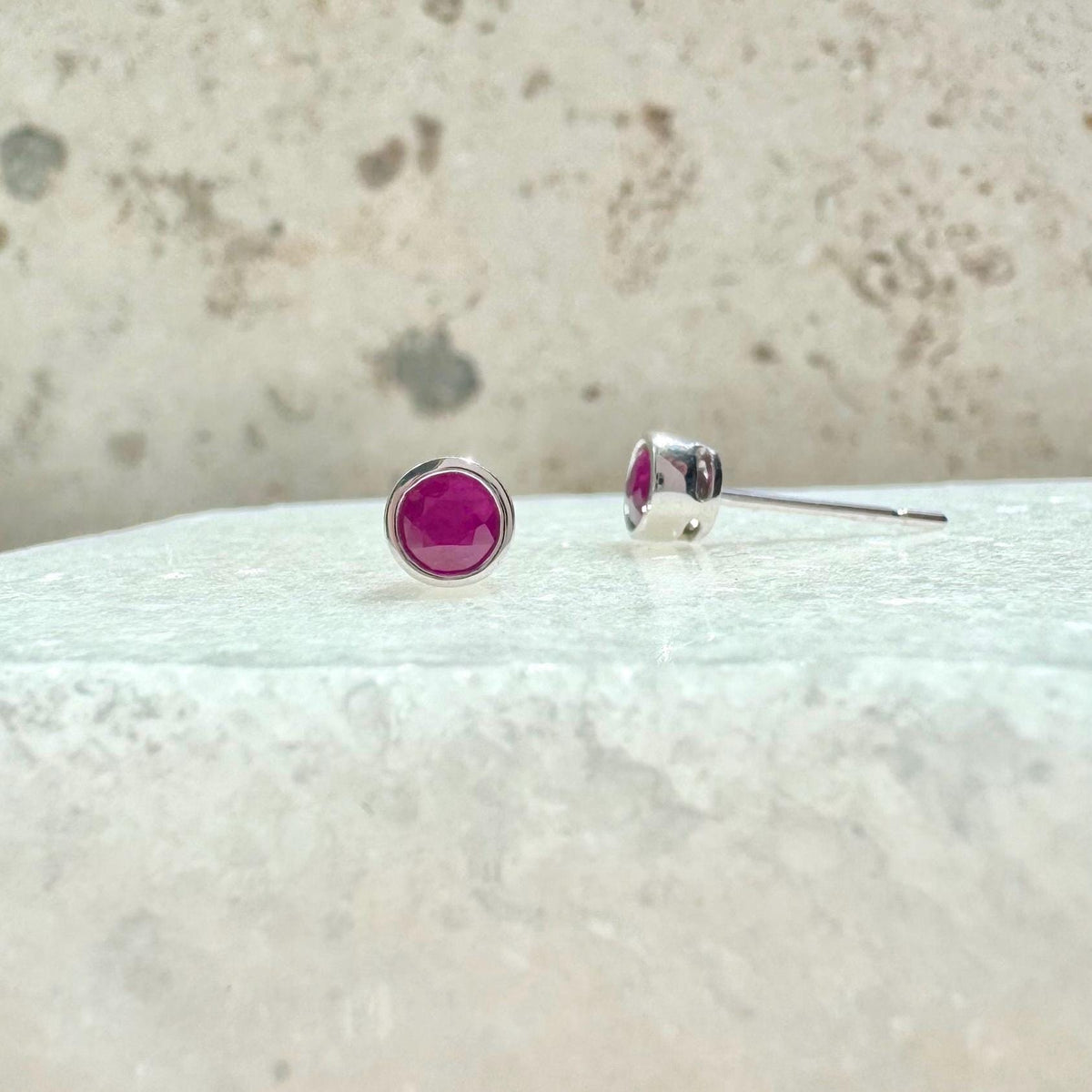14k Solid Gold Ruby Bezel Stud Earrings, 4.5mm Round, July Birthstone