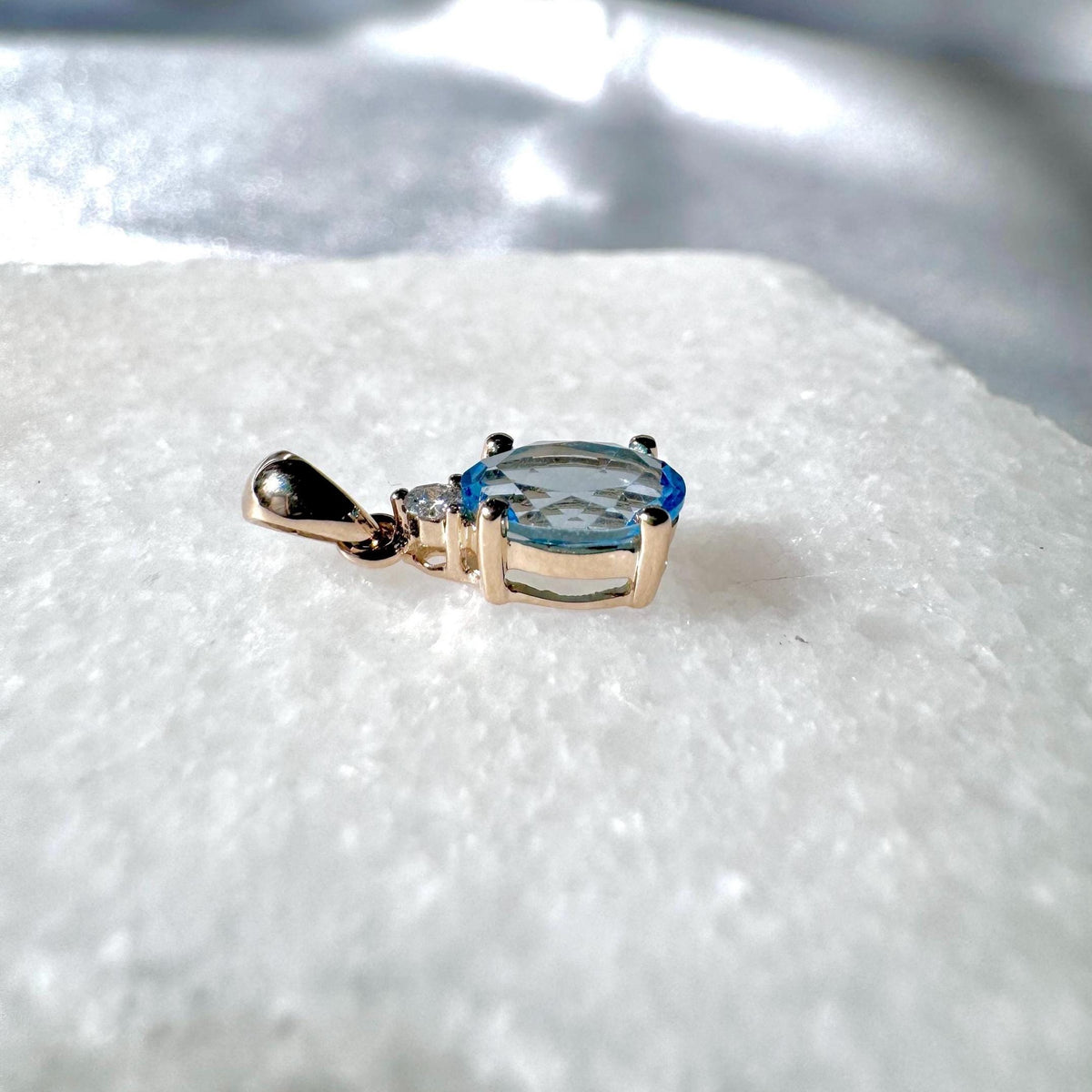 Genuine Blue Topaz and Diamond Oval Cut Pendant / 14k Solid Gold