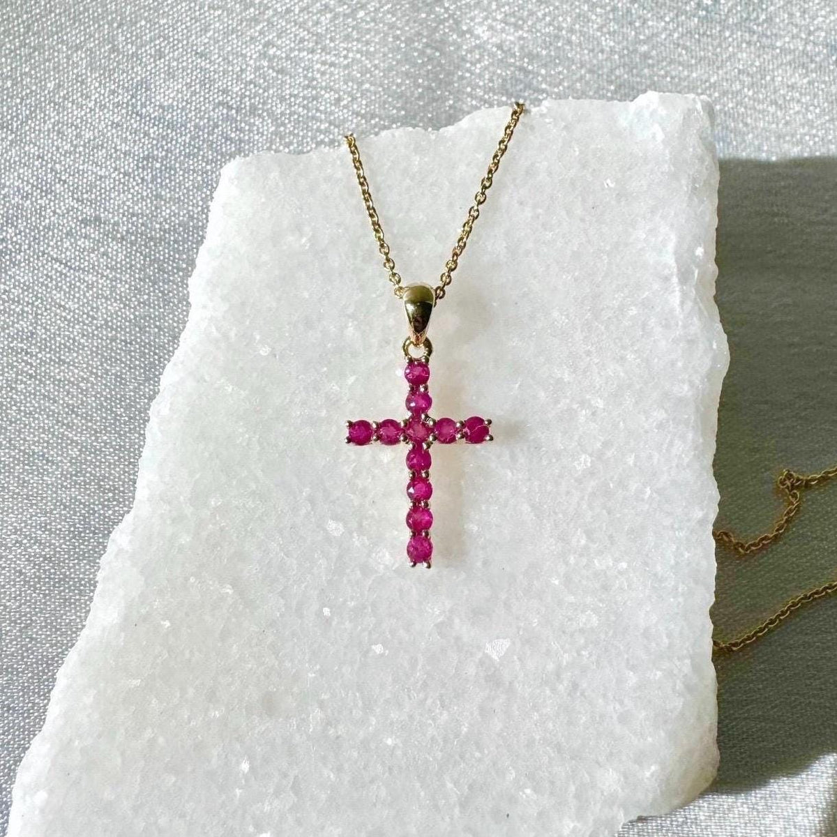 Genuine Ruby Round Cut Cross Pendant (Large) | 14k Solid Gold