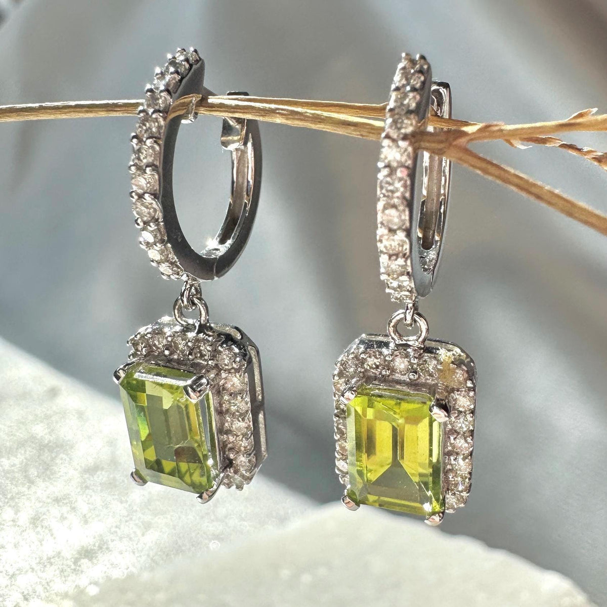 Genuine Peridot Emerald Cut Dangle Hoops in 14k Solid Gold