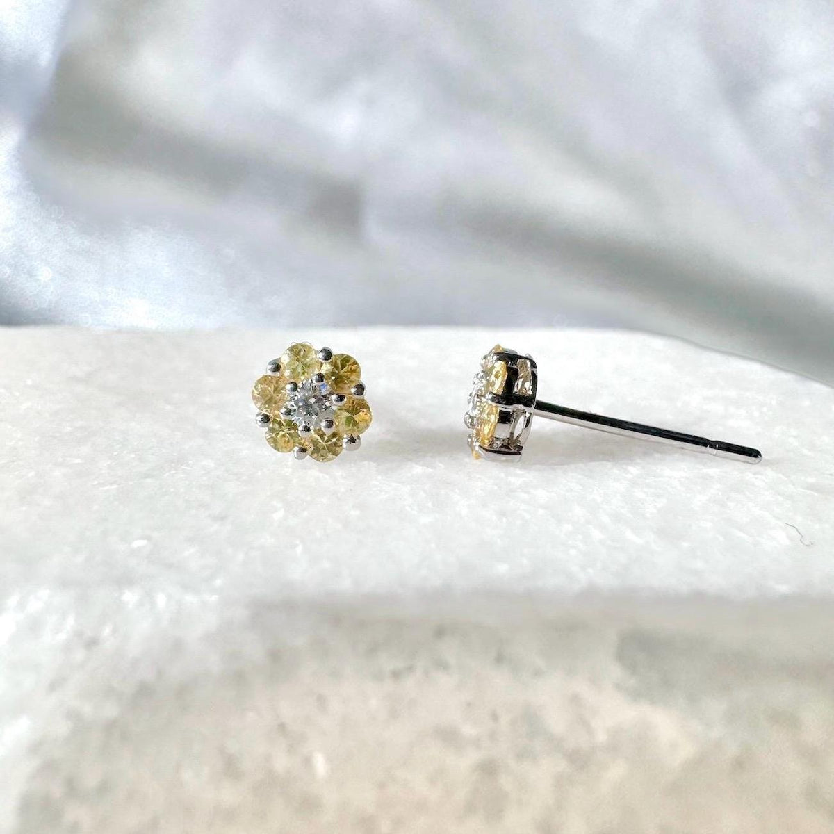 Genuine Yellow Sapphire Diamond Flower Stud Earrings, 18k or 14k Solid Gold, September Birthstone