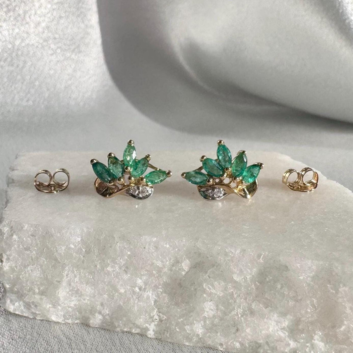 Genuine Emerald and Diamond Marquise Lotus Stud Earrings, 14k Solid Gold, May Birthstone Gift