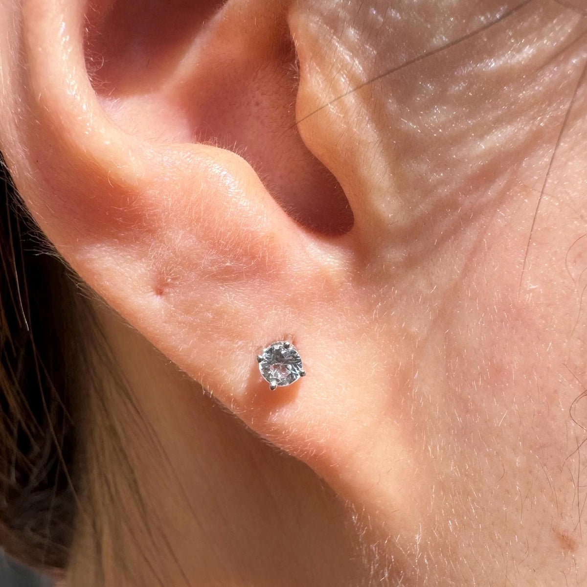 Genuine 3mm White Sapphire Round Cut Stud Earrings in 14k Solid Gold
