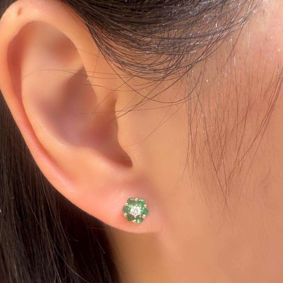 Natural Emerald Flower Stud Earrings, 6.5mm, 14k Solid Gold, May Birthstone Flower Jewelry