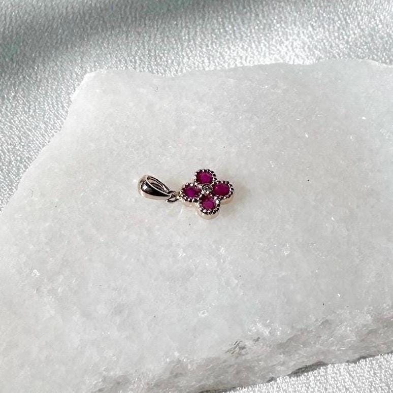 Genuine Ruby Diamond Mini Clover Pendant, 14k Solid Gold, July Birthstone
