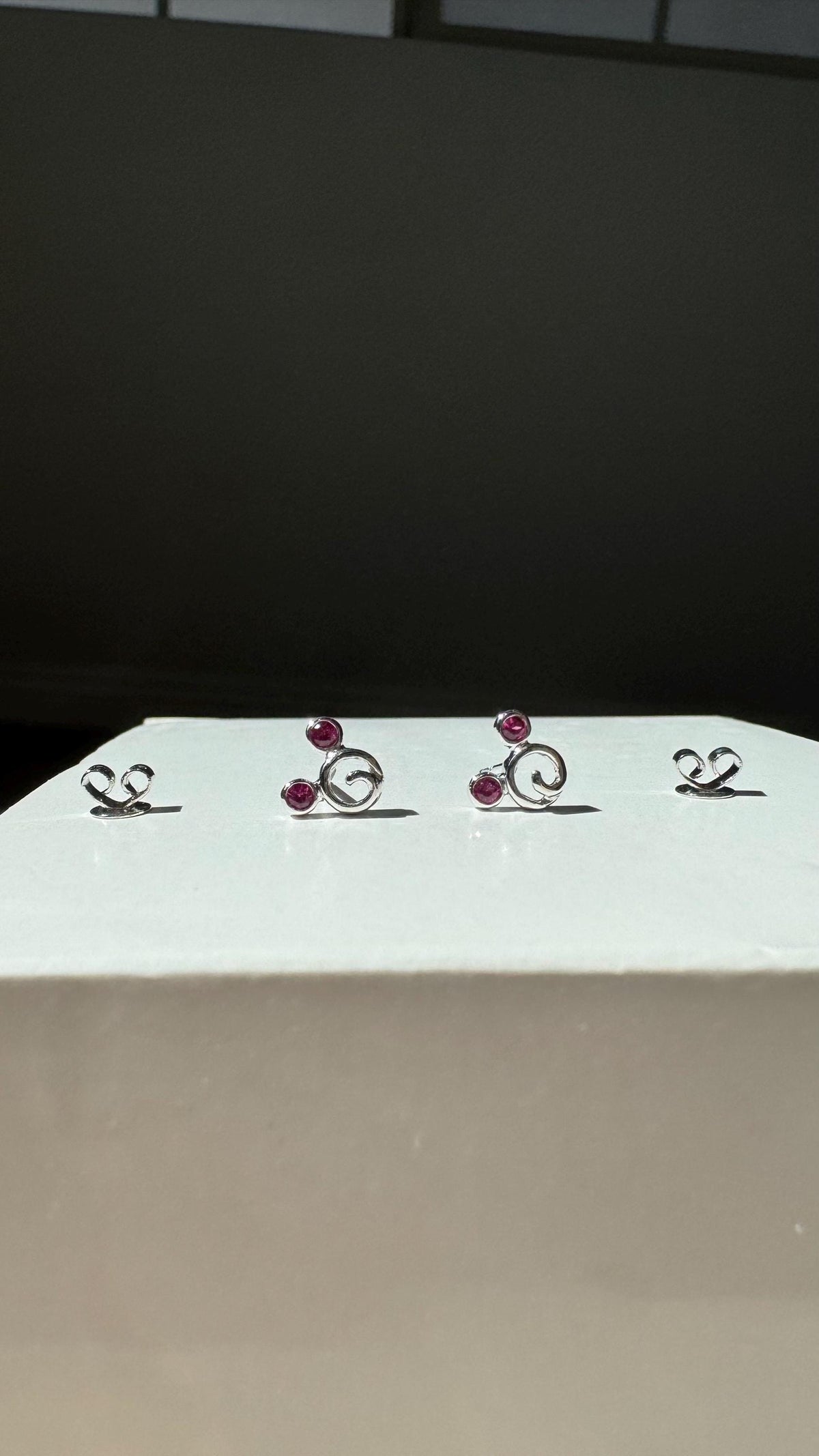 Genuine Ruby Mickey Round Stud Earrings / 18k Solid White Gold