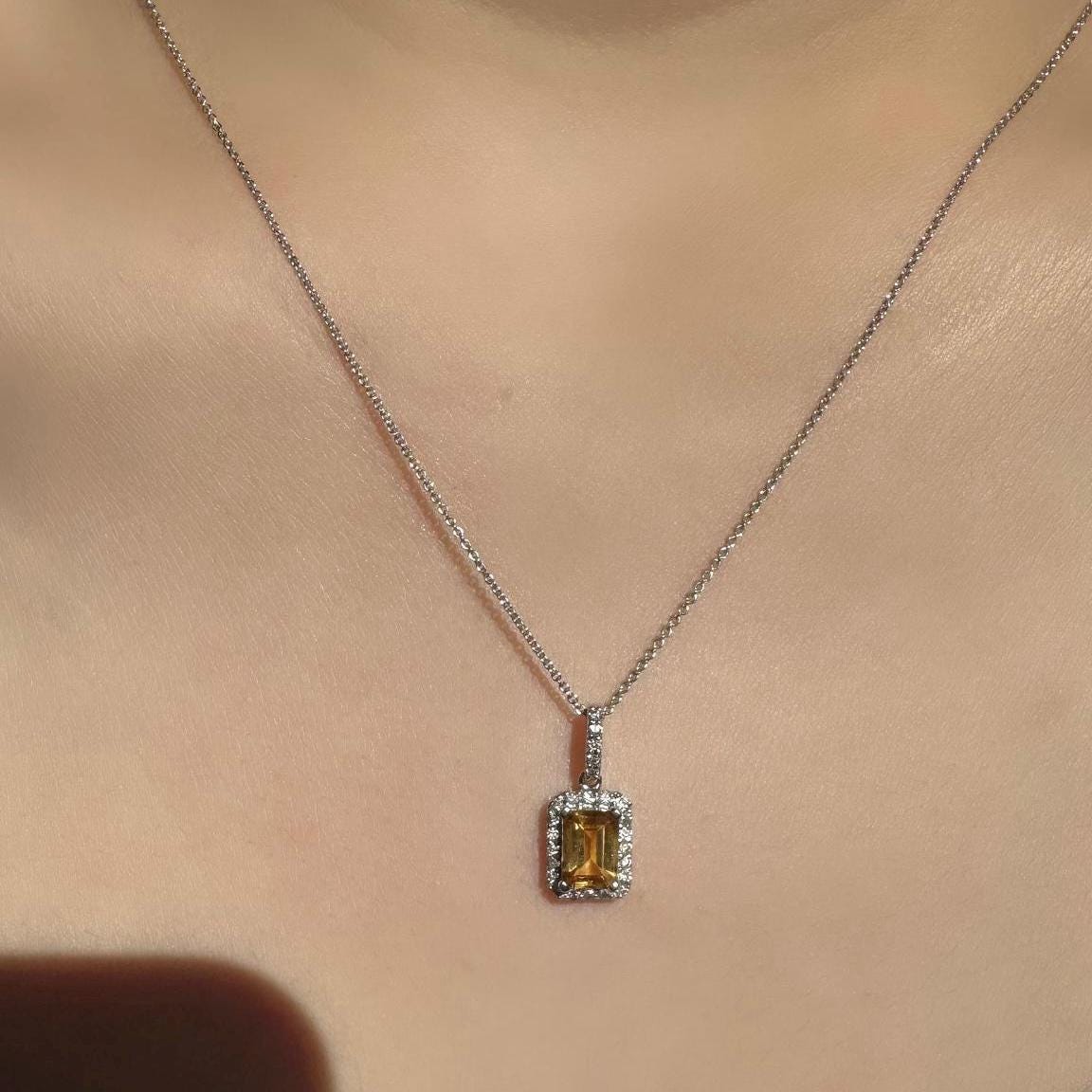 Citrine Diamond Pendant, Genuine Emerald Cut, 14k Solid White Gold Necklace, November Birthstone, Gift for Her