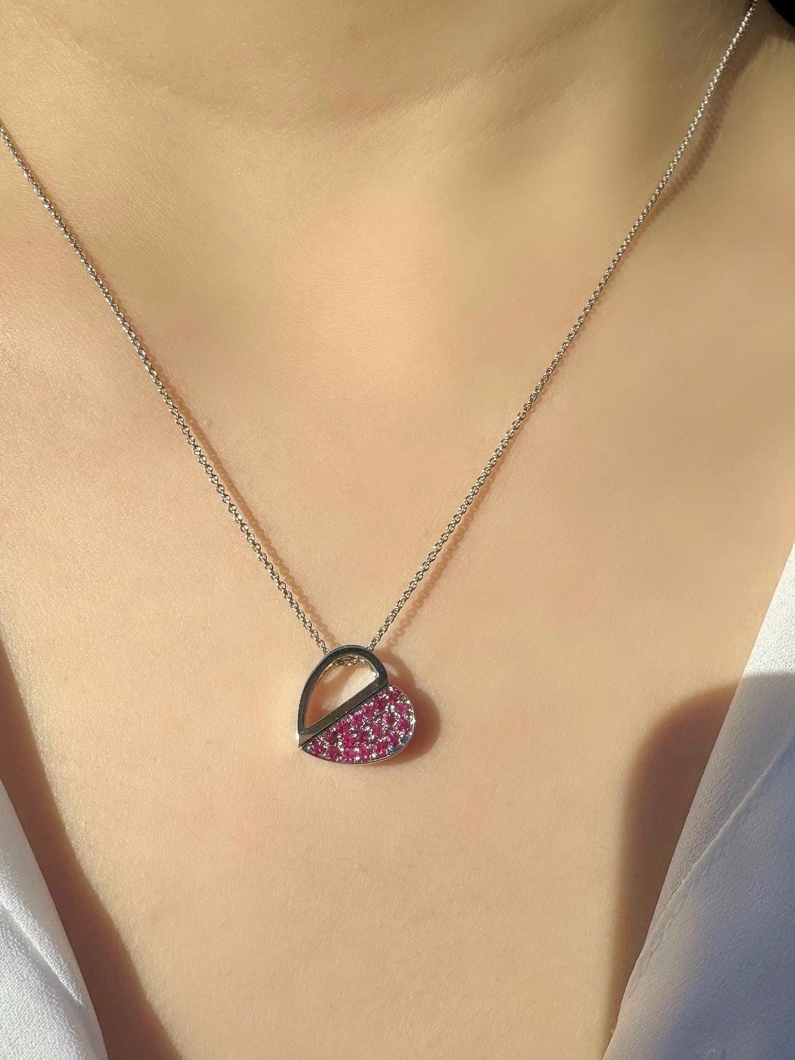 Genuine Ruby and Diamond Heart Pendant in 14k Solid Gold