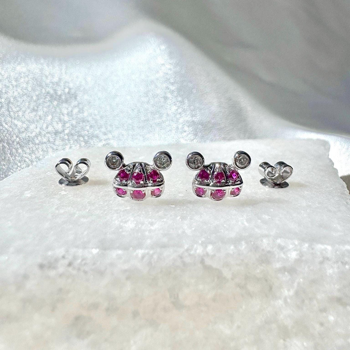 Genuine Ruby Mouse Earrings, 18k White Gold Diamond Cluster Studs
