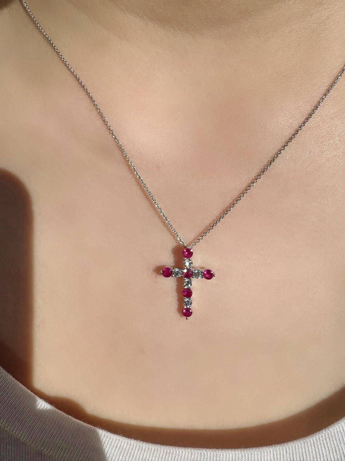 Genuine Ruby and Diamond Cross Pendant | 14k Solid Gold