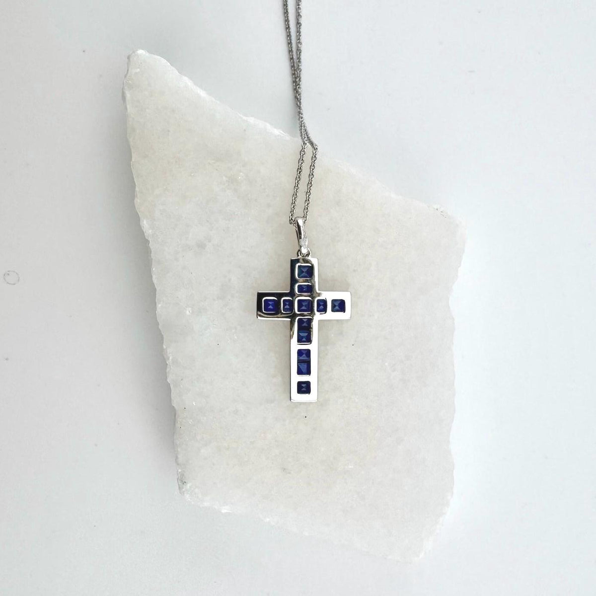 Genuine Sapphire and Diamond Tapered Cross Pendant | 14k Solid Gold