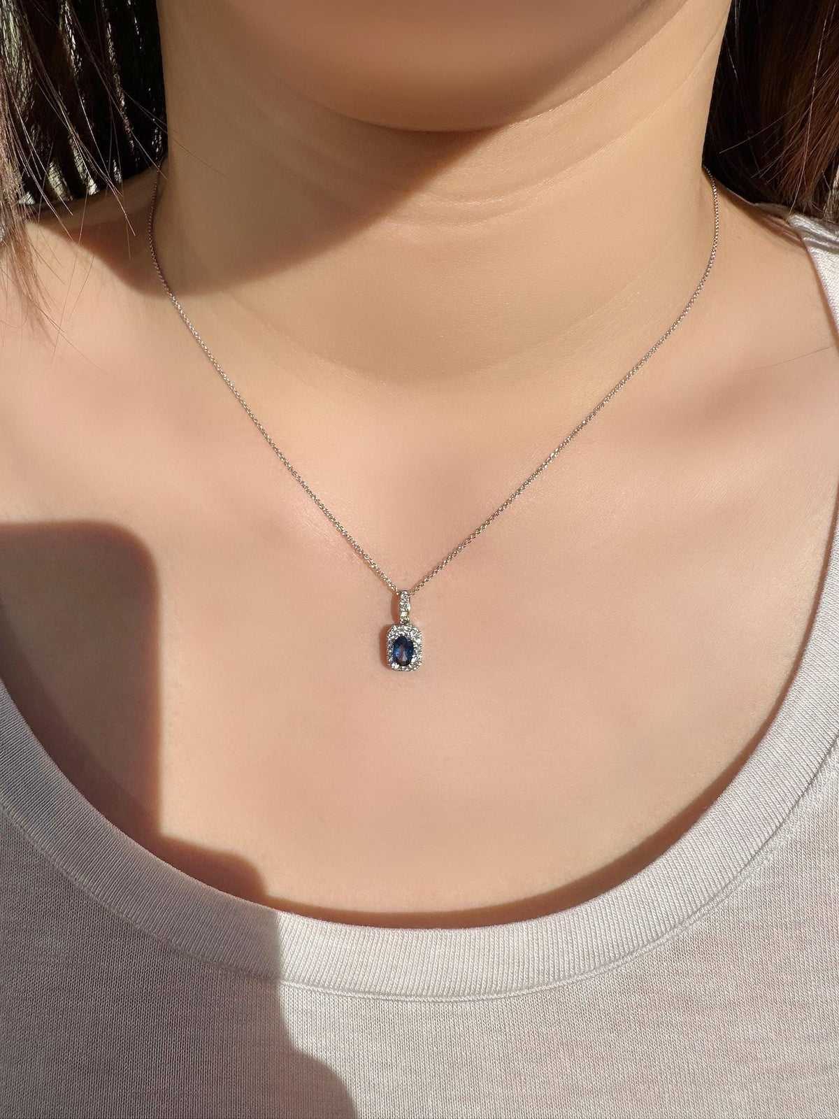 Genuine Sapphire and Diamond Halo Oval Cut Pendant, 18k Solid Gold, September Birthstone, Gift for Her