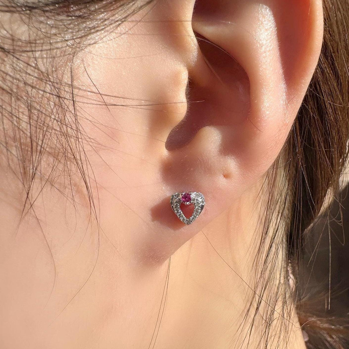 Genuine Ruby and Diamond Heart Stud Earrings in 18k Solid White Gold