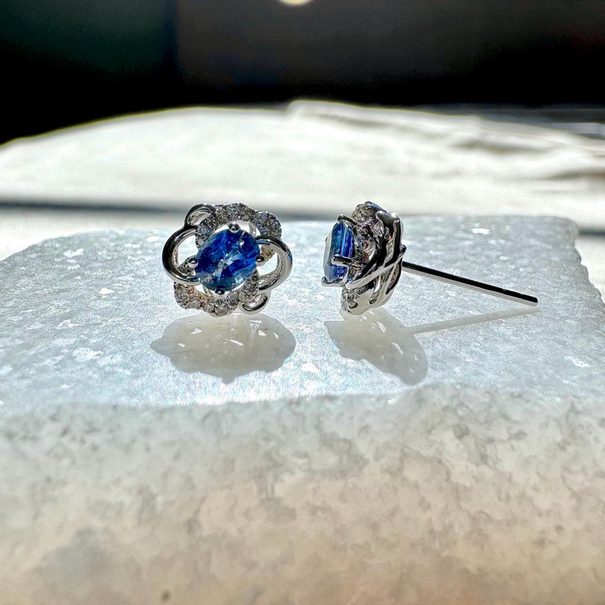 18k White Gold Oval Sapphire Diamond Flower Stud Earrings, September Birthstone Gift