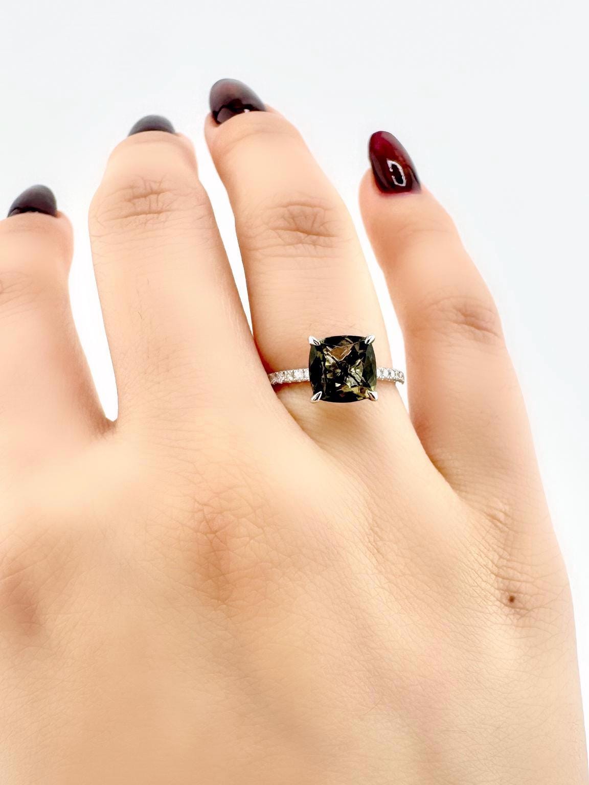 Genuine Green Tourmaline and Diamond Cushion Cut Ring in 18k Solid White Gold