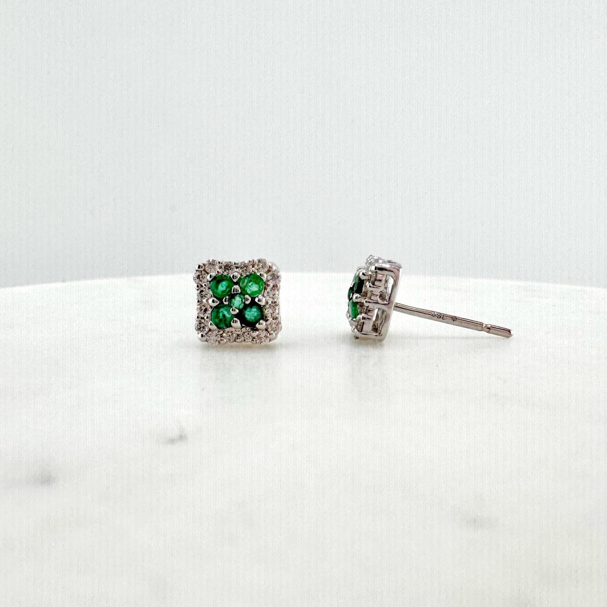 Genuine Emerald Diamond Square Halo Stud Earrings, 14k Solid White Gold, May Birthstone