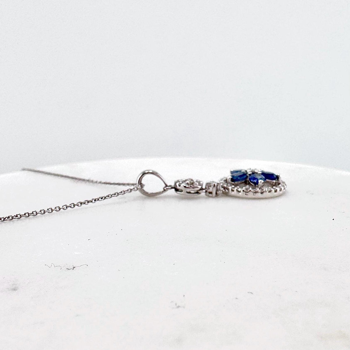 18k White Gold Sapphire Diamond Flower Halo Pendant, September Birthstone Gift