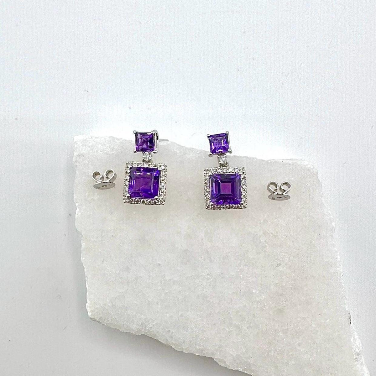 Genuine Amethyst and Diamond Dangle Earrings in 14k Solid Gold