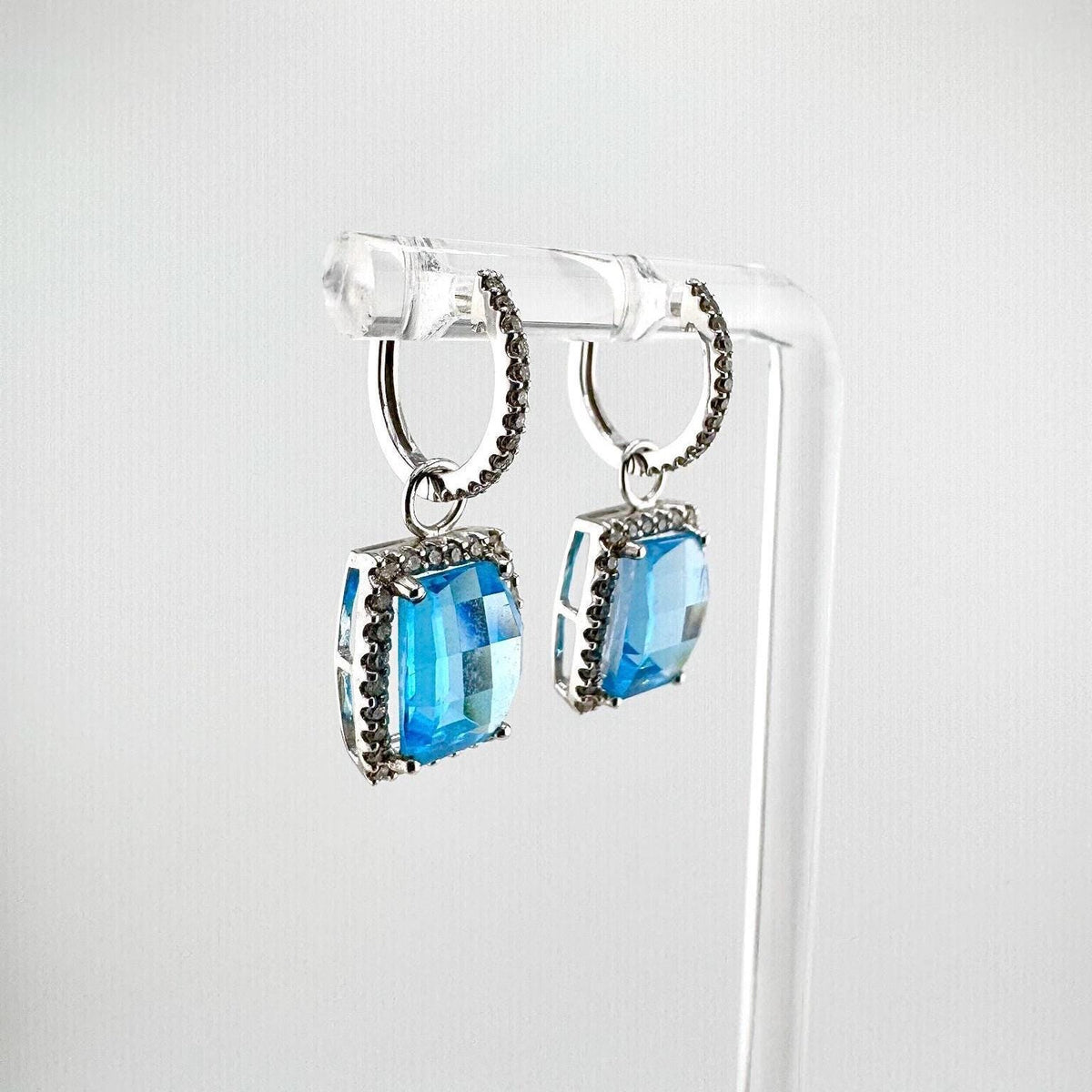 Genuine Blue Topaz and Diamond Hoops/Huggies in 14k White Gold