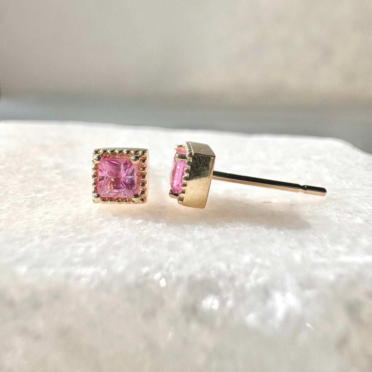Genuine Pink Sapphire Princess Cut Stud Earrings, 14k Solid Gold, September Birthstone