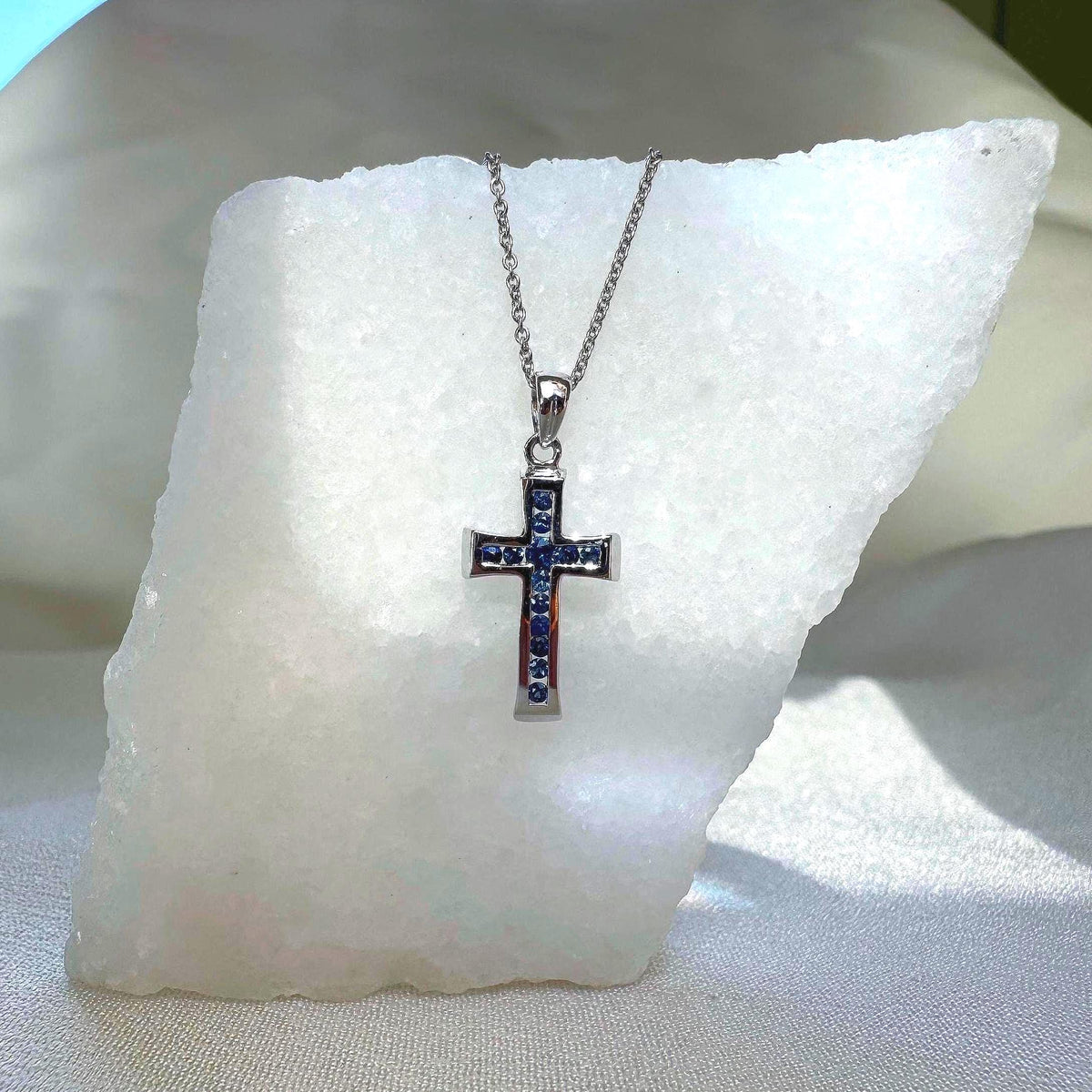 Genuine Sapphire Mini Tapered Cross Pendant in 18k Solid Gold