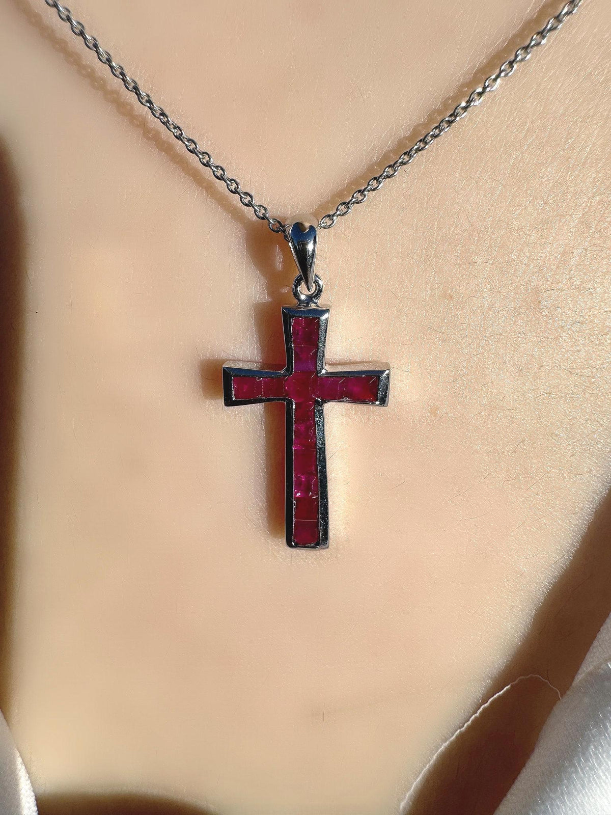 Genuine Ruby Tapered Cross Pendant | 18k Solid Gold