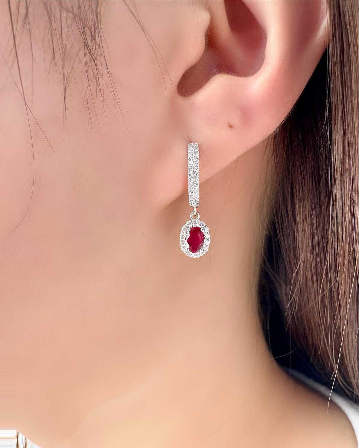 Genuine Oval Ruby and 2 Row Diamond Huggies | 18k Solid White Gold