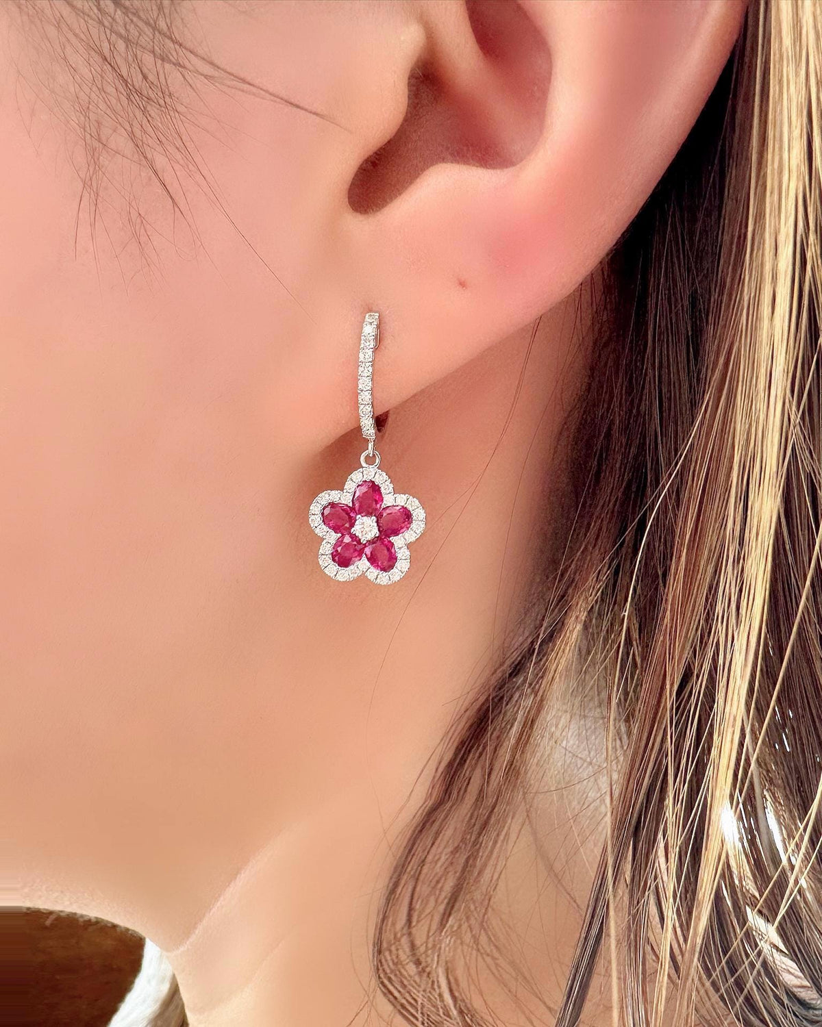 Genuine Ruby and Diamond Flower Huggies in 18k Solid White Gold
