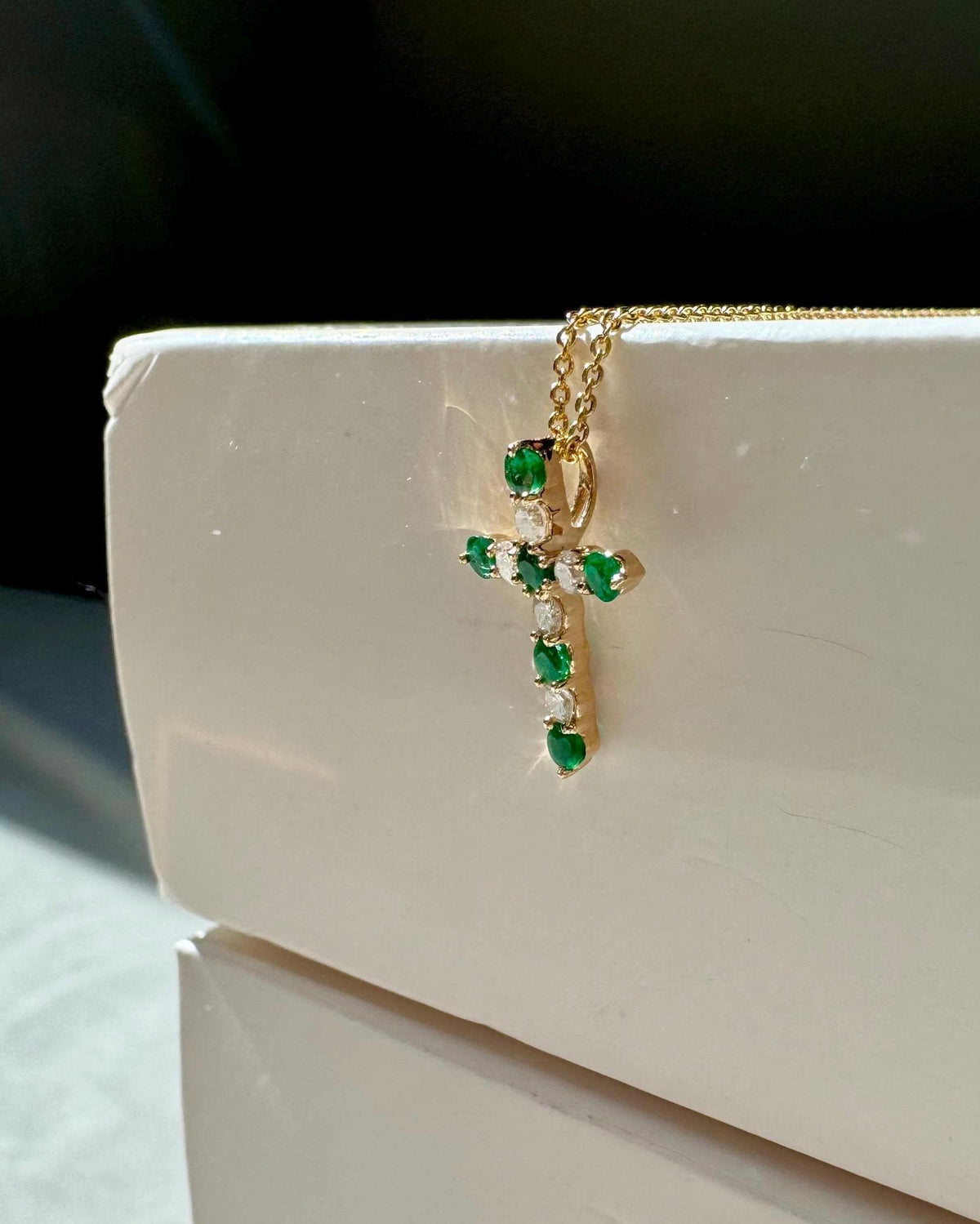 Genuine Emerald and Diamond Cross Pendant / 14k Solid Gold