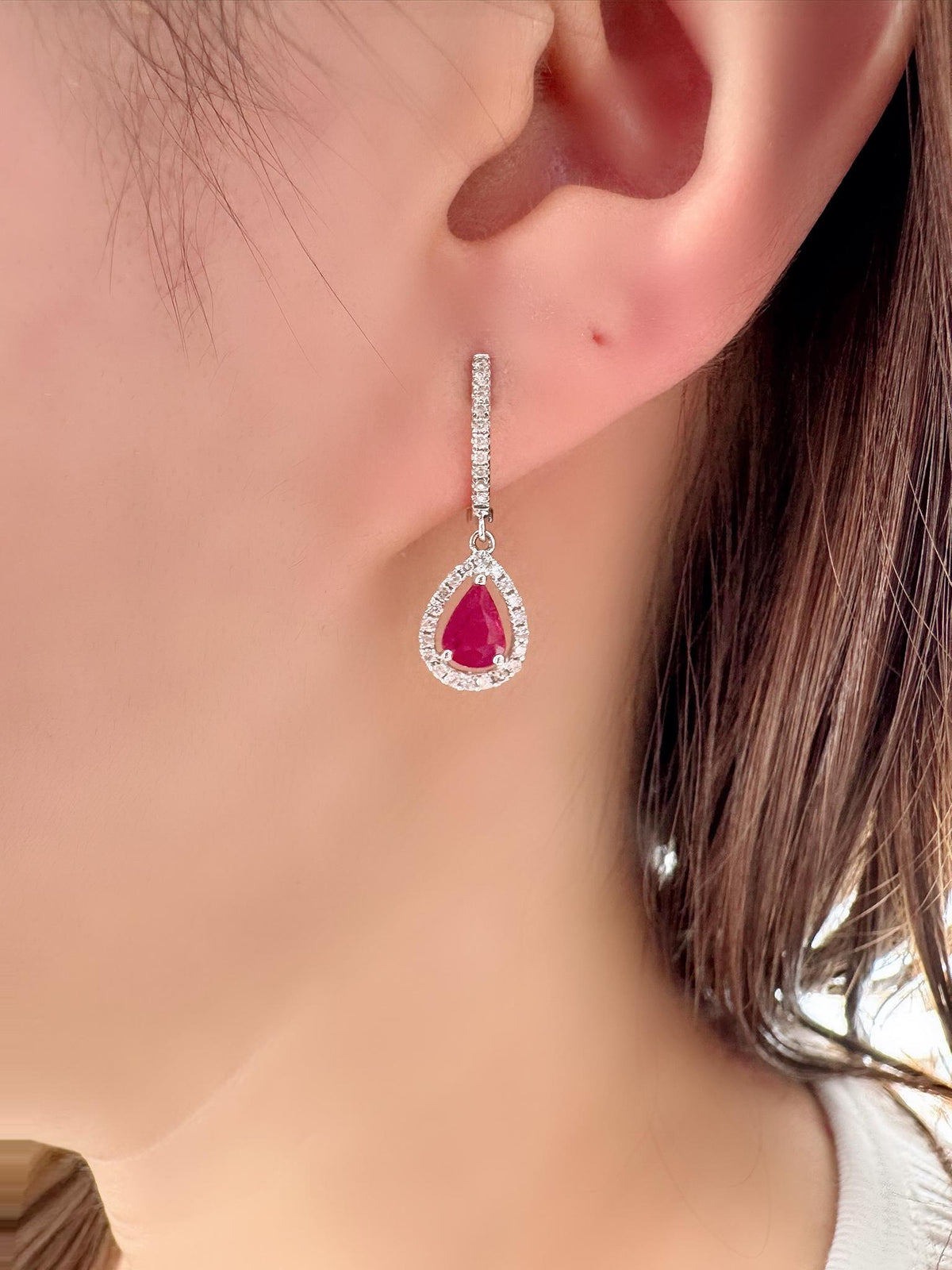 Genuine Teardrop Ruby and Diamond Huggies | 18k Solid White Gold