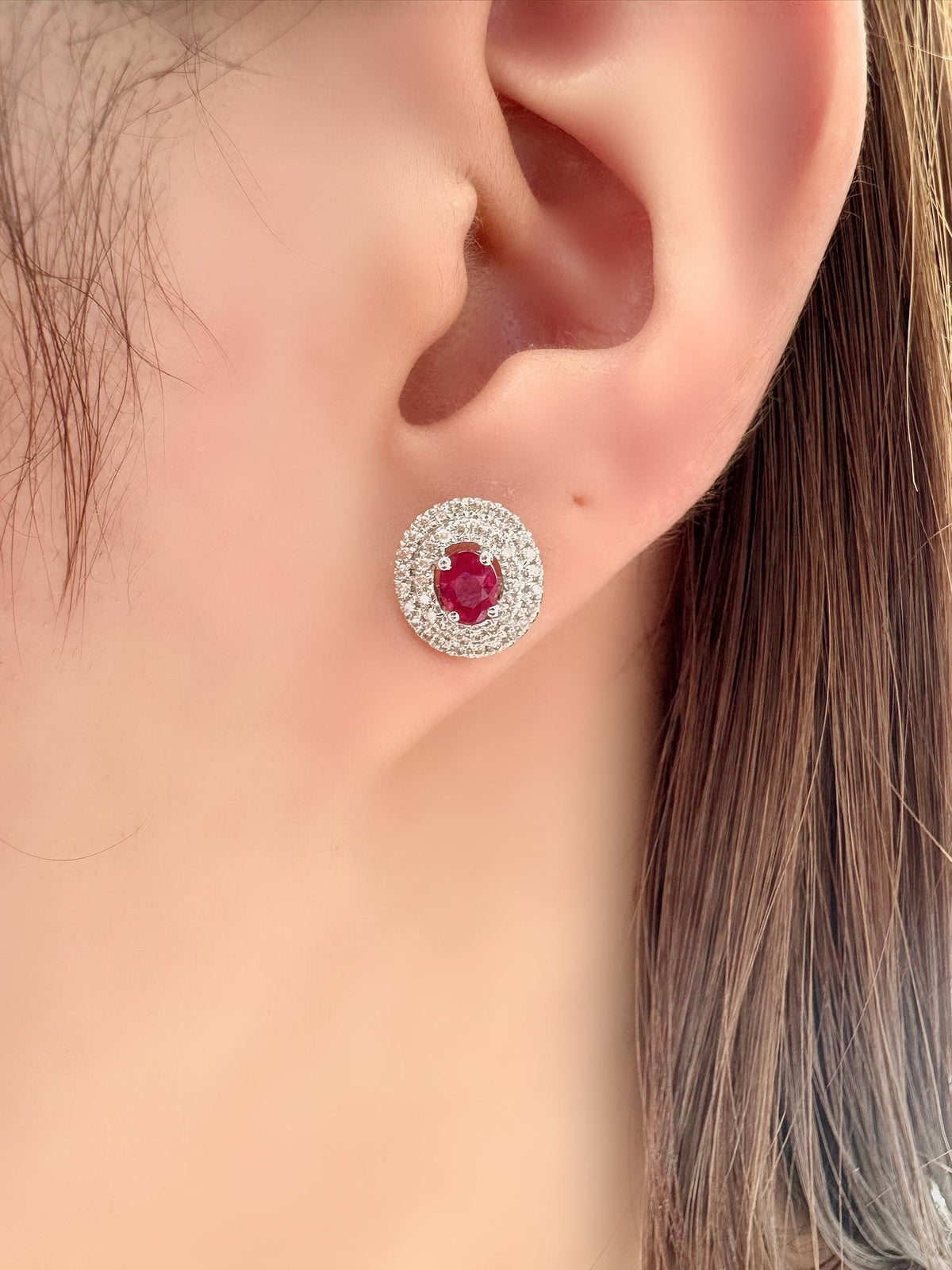 Genuine Oval Ruby and Pavè Diamond Double Halo Earrings | 18k Solid White Gold