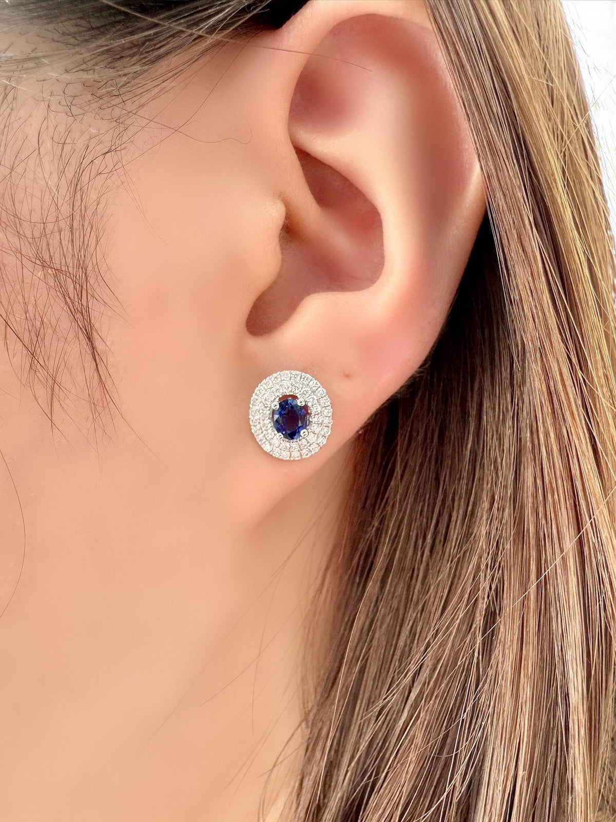 Genuine Oval Sapphire and Pavé Diamond Double Halo Earrings in 18k Solid White Gold