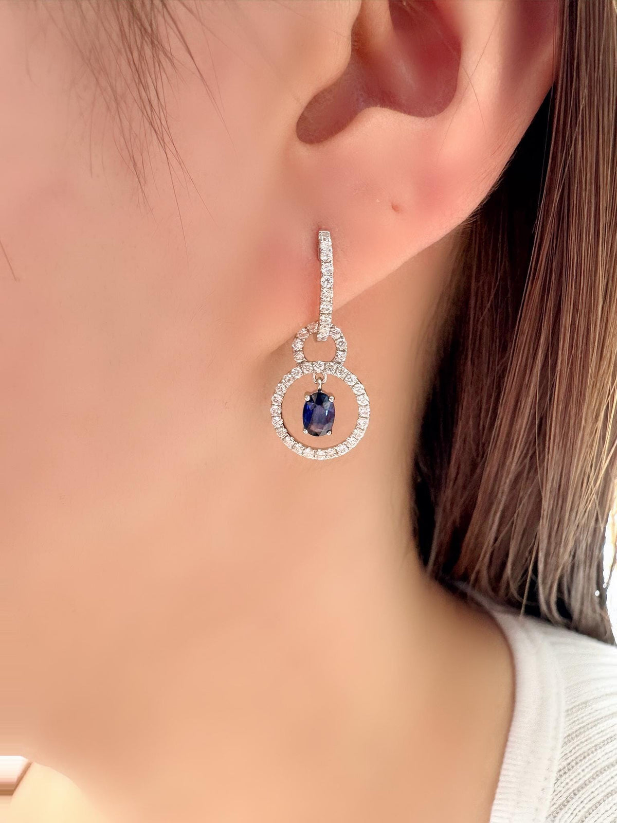 Genuine Oval Sapphires and Diamond Halo 2-in-1 Huggies in 18k Solid White Gold